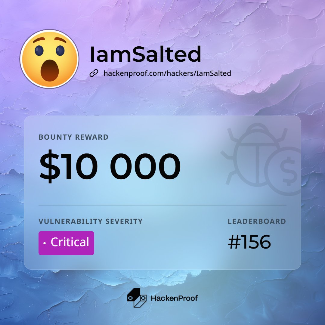 IamSalted's tweet photo. Yeay, I was awarded for a valid submission on @HackenProof  https://t.co/dwwjaL6EX9 #hackenproofed #bugbounty https://t.co/rW4IiqD8gB