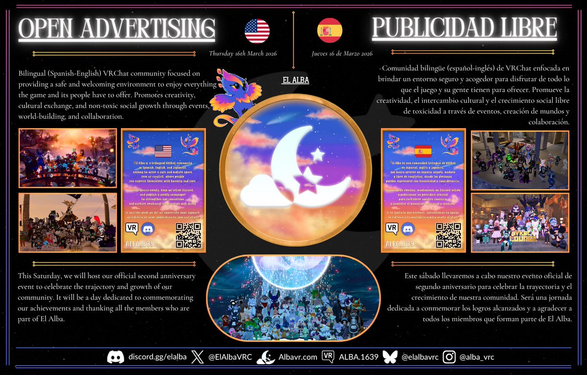 ElAlbaVRC's tweet photo. 🇪🇸Join our bilingual community where we chill and explore! We’re all about creating a safe and fun space for everyone

🇺🇸Únete a nuestra comunidad bilingüe donde nos relajamos, exploramos y creamos un espacio seguro para todos

> https://t.co/FcnmWaeLRS #VRChat #VRChatCommunity https://t.co/xb85DD4613