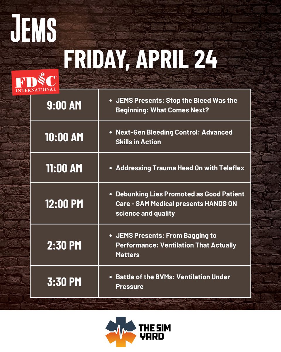 FDICevent's tweet photo. Explore the Sim Yard schedule. 🚑🔥

From airway management to incident command, the Sim Yard showcases the full spectrum of EMS response in a dynamic, hands-on environment.

This is where education meets adrenaline—where EMS professionals can practice, perform, and progress in the same arena that hosts champions. Join us April 23–25 and experience it for yourself.

Thank you to our sponsors! Teleflex and Sam Medical

Plan your FDIC International experience and view the Sim Yard sessions here: https://t.co/jBajDNjWOV

Register for #FDIC2026 today: https://t.co/A16v9hJHv5