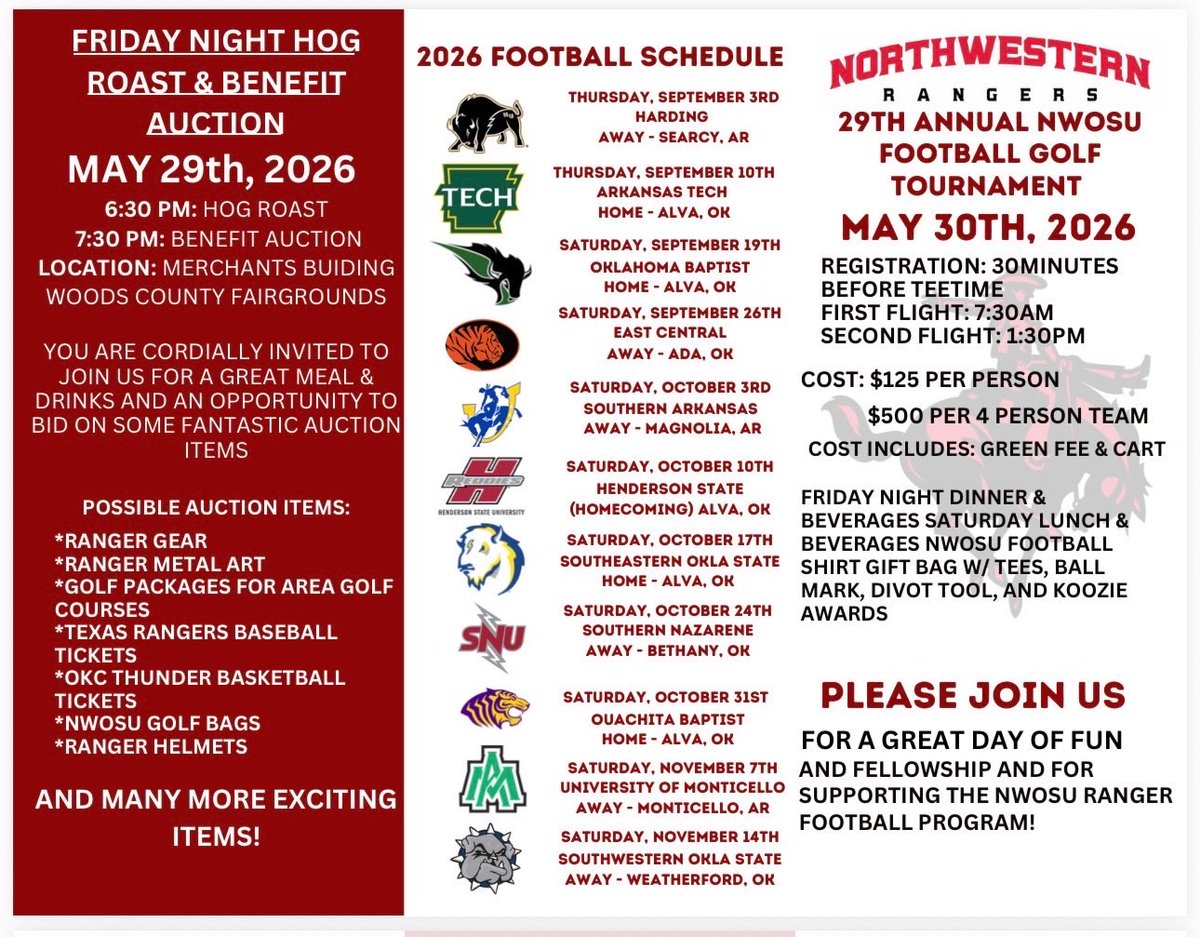 nwosufootball's tweet image. The annual NWOSU Football golf tournament is coming up on May 29th and May 30th! Friday night will feature a hog roast and an auction. Saturday morning kicks off the tournament. Registration can be found at the link below:
register.ryzer.com/camp.cfm?sport…

#RRR