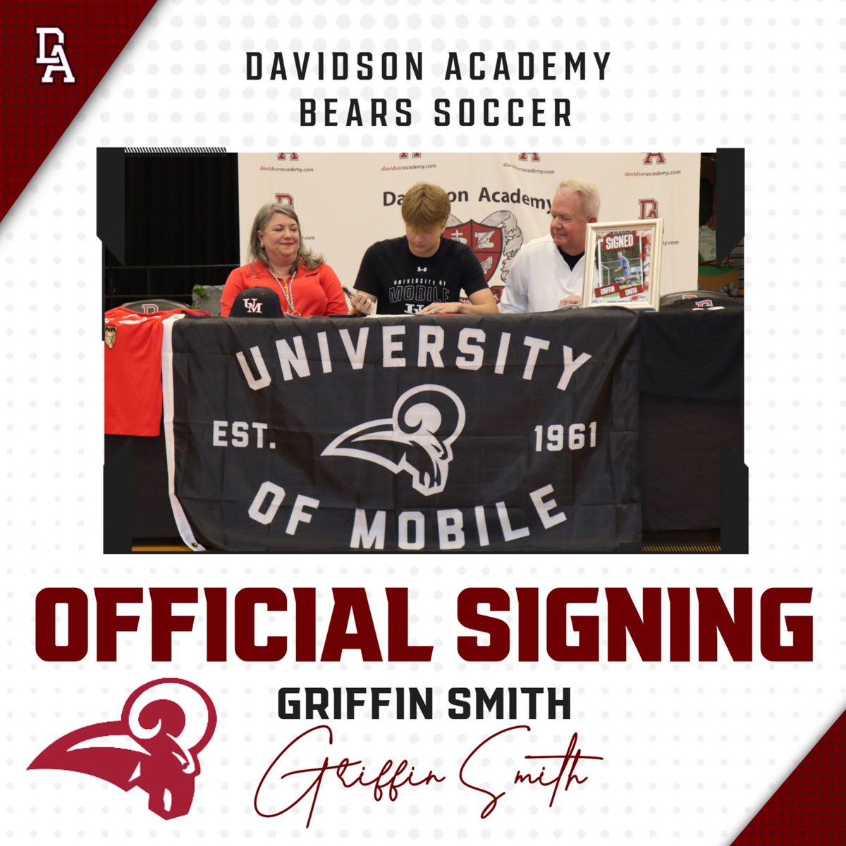 athletics_da's tweet photo. Congratulations to Griffin Smith on signing his commitment to play college soccer at the University of Mobile!
#theDAway #boyssoccer #commitment #mobile #davidsonacademy https://t.co/sZgjHnA9eS