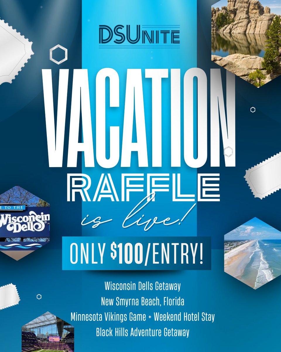 Looking for a fun vacation package? Now’s the time to check out the DSUnite Raffles. Each ticket you purchase gives you a chance to win an unforgettable getaway!
 
Only $100 per entry! Get yours today!
🎟️ bit.ly/48Lbtwr 
 
#DSUnite #TrojanPride #DSUAlumni