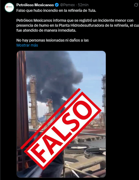 Juan_OrtizMX's tweet photo. 🗳️📌 No es un incendio, es un "incidente menor con presencia de humo" en la Refinería de Tula: Pemex

¿Ustedes creen? https://t.co/Z04eWJHxhO