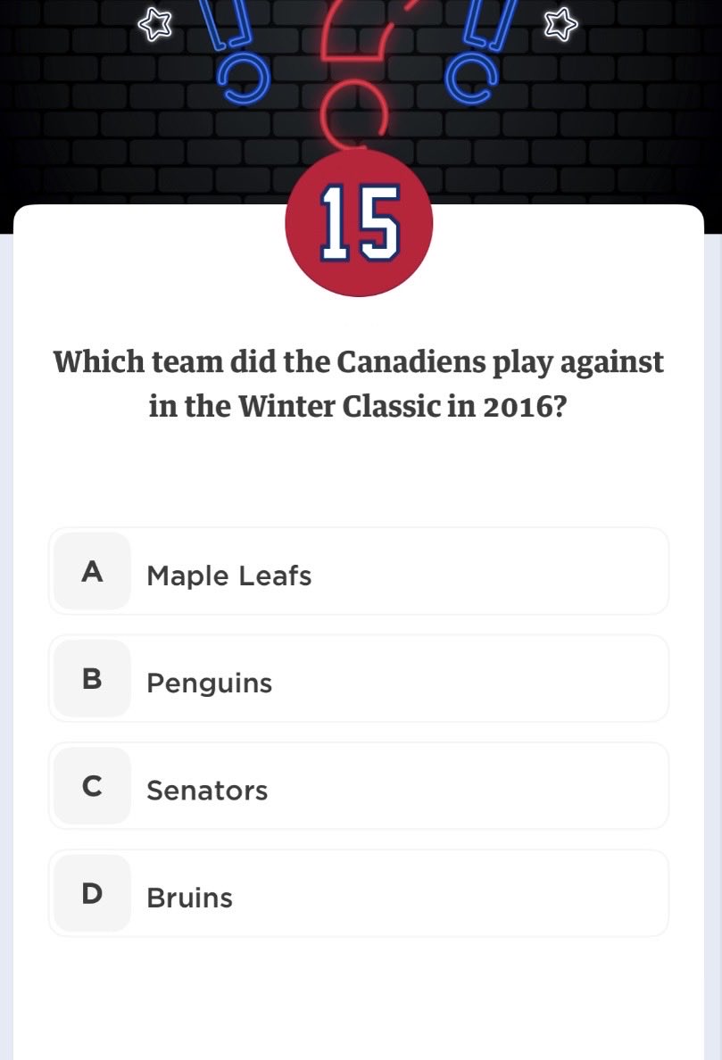 #GoHabsGo April 16 surprise question.  Found April 5.  Answer: D - Bruins.  #HabsPlusCodes #Club1909Codes