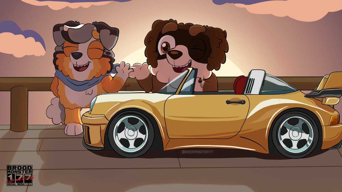 It's a date...

Well Calypso and Brabus created their signature couple move (kind of a salute).

I also drew Brabus's Porsche 930 (it's a soft yellow),the surfboard inspired rendering does help highlight the tones.

#bluey #blueyart