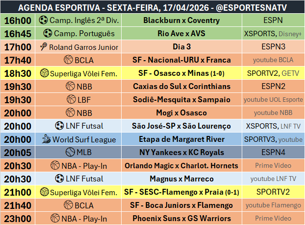 A agenda esportiva desta SEXTA-FEIRA (17/04/2026)