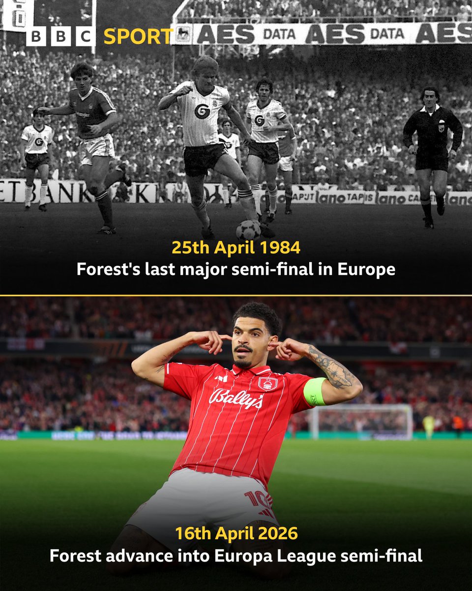 BBCRNS's tweet photo. 🗓️ 42 years in the making…

Nottingham Forest are into their first major semi-final in Europe since 1984. 

#NFFC https://t.co/hTDOcmPGK5