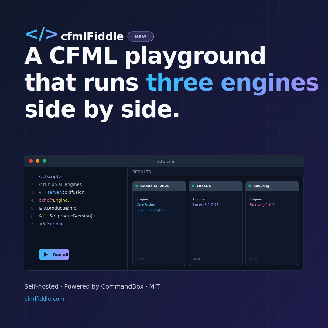 myCFML's tweet image. I built a local #CFML playground that runs 10 engines at once... cfmlFiddle.

Run Adobe ColdFusion + Lucee + BoxLang side by side.

Self-hosted - Powered by CommandBox - MIT