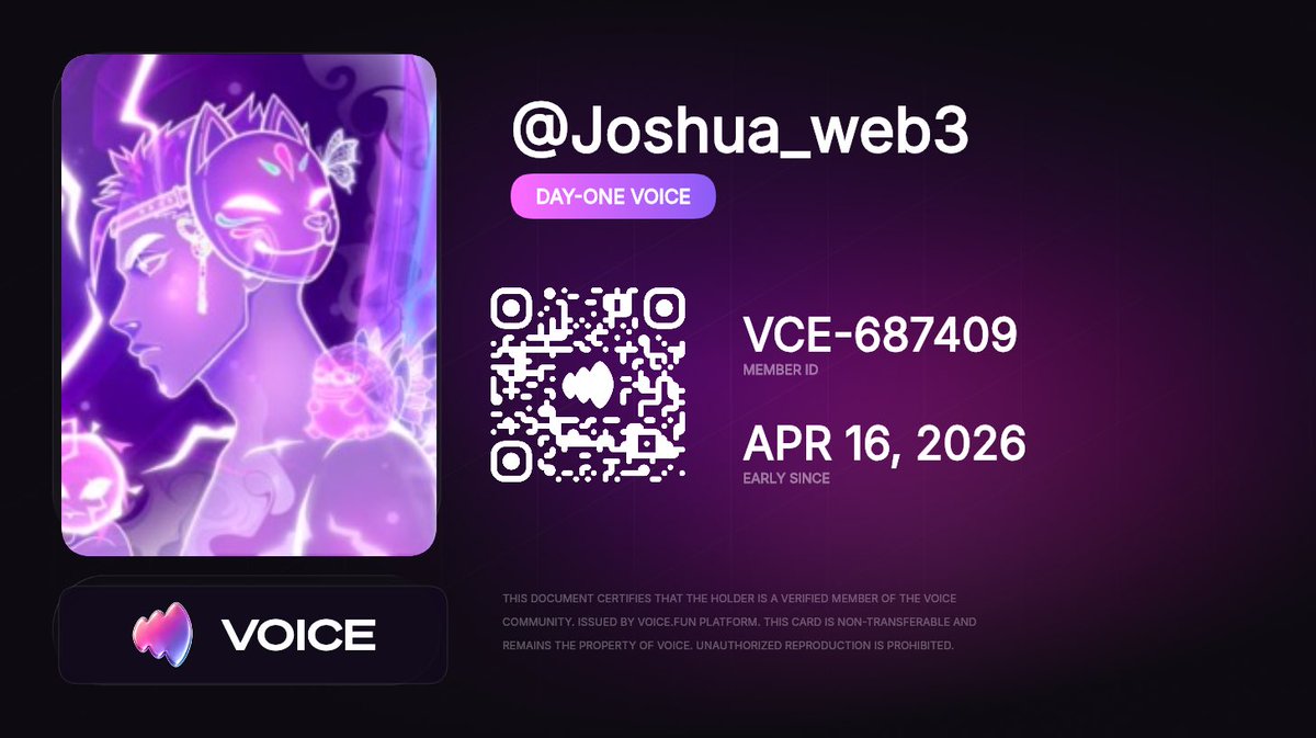 Joshua__web3's tweet photo. Just got my @voicecc membership card

Visit their discord
Claim your card in the claim channel 
Post on X and submit your link
Claim your Day-One Voice role

Only 72 hours left to go https://t.co/eMYX6rte5y