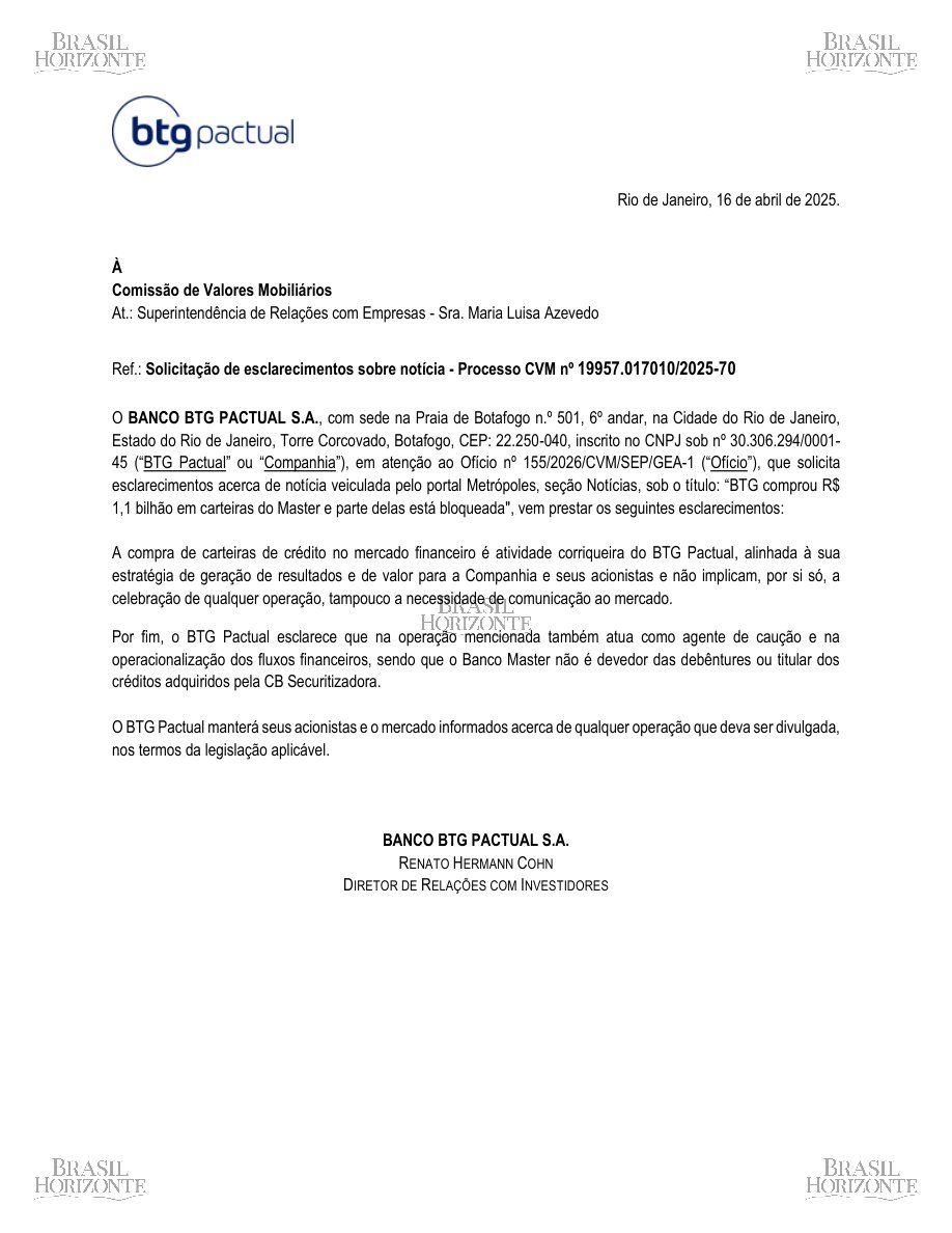 brasilhorizont's tweet image. 📢 Comunicado ao Mercado | #BPAC11 - BCO BTG PACTUAL S.A.

Banco BTG Pactual responde à CVM sobre notícia de compra de carteiras de crédito.

⚠️ CVM solicita esclarecimentos sobre reportagem de aquisição de R$ 1,1 bilhão em carteiras de crédito.
✅ Banco afirma que compra de