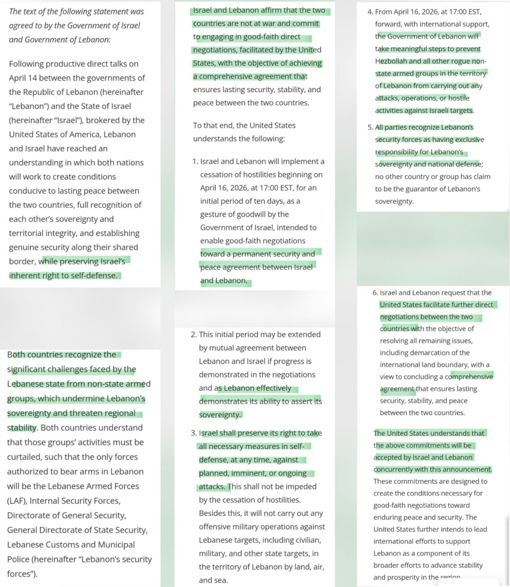 Text of "ceasefire" between Lebanon and Israel. Some commentators are saying these are the same terrible ceasefire terms from the "ceasefire" signed on Nov 27 2024. Personally, I think these are worse. I've highlighted the salient points in green, with comments below:

Preamble: