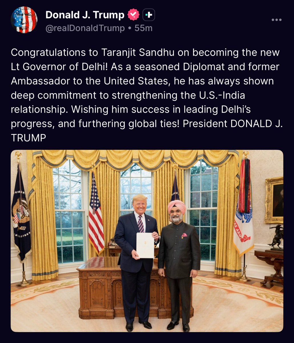 AdityaRajKaul's tweet photo. Trump congratulates top Indian diplomat @SandhuTaranjitS on being appointed as the new Lt. Governor of Delhi. https://t.co/1knmtXaqhp