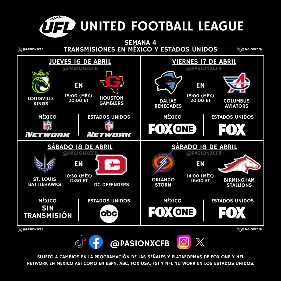 Hoy, jueves 16 de abril, comienza la Semana 4 de <a href="/TheUFL/">United Football League</a> 🏈

3 de 4 juegos con transmisión oficial en México a través de <a href="/nflnetwork/">NFL Network</a> (1) y <a href="/somos_FOX/">FOX</a> (FOX ONE App) (2) 🇲🇽🏈

Agradecemos que nos ayuden a compartir esta información. :)