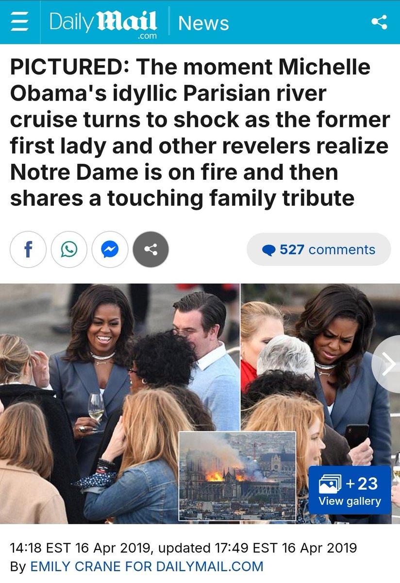 Michelle Obama was on an dinner cruise in Paris along the Seine River when the Notre Dame Cathedral caught fire - and watched the whole thing burn to the ground with a smirk.

I don't think this is a coincidence.