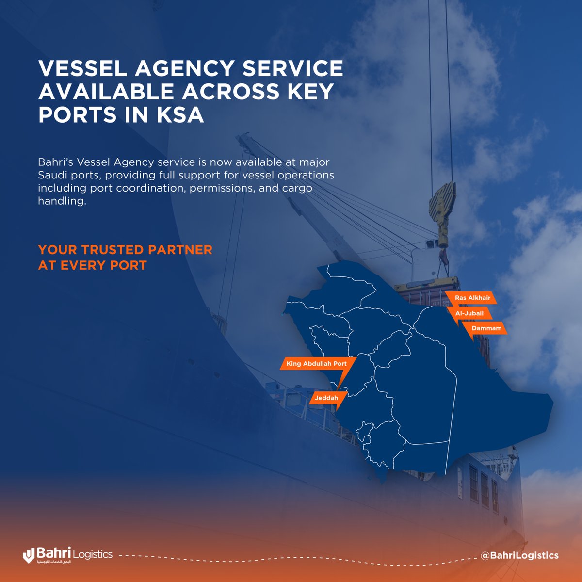 BahriLogistics's tweet photo. With high operational standards, we deliver Ship Agency services across the Kingdom’s key ports, ensuring continuity from vessel coordination to cargo handling. https://t.co/qTGbn6nc8a
