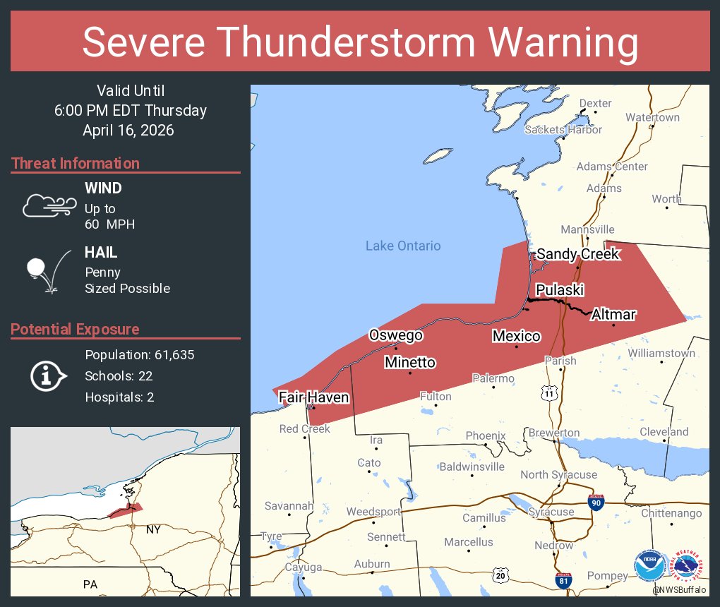 Severe Thunderstorm Warning including Oswego NY, Pulaski NY and  Mexico NY until 6:00 PM EDT
