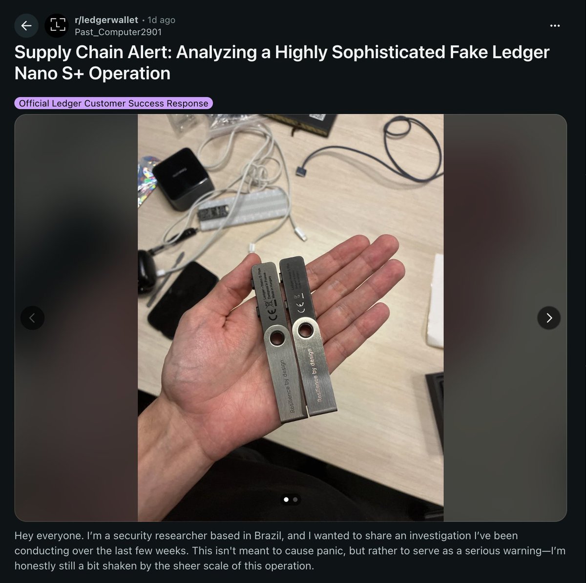 NEW: Security researcher uncovers large-scale counterfeit Ledger Nano S Plus operation distributing compromised devices across multiple platforms.

A fake unit purchased from a Chinese marketplace contained modified hardware using an ESP32 chip instead of Ledger’s secure element,