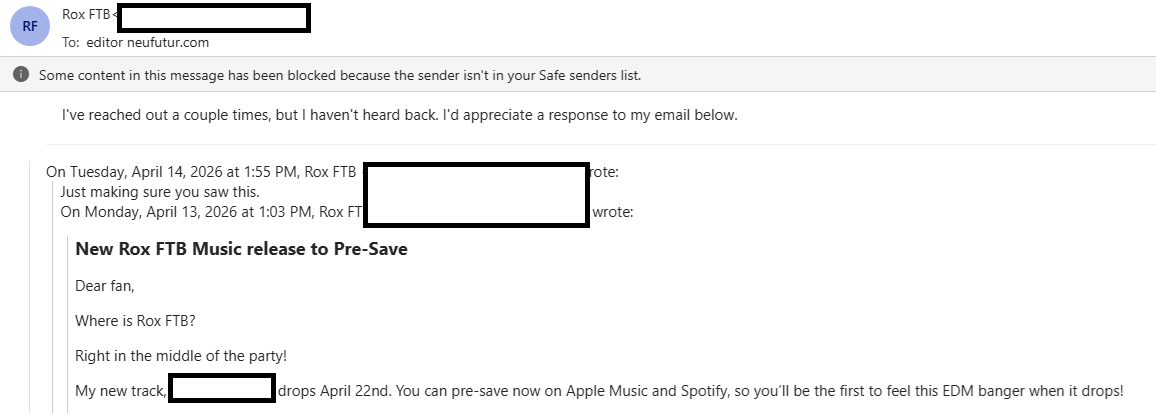 NeuFutur's tweet image. This is not the way artists should seek coverage in music #zines. Emailed me on Monday, Tuesday, and copped a 'tude on Thursday. Call this person Solomon Ru-ndy.

#musicindustry #musicians #newmusic #musiclover