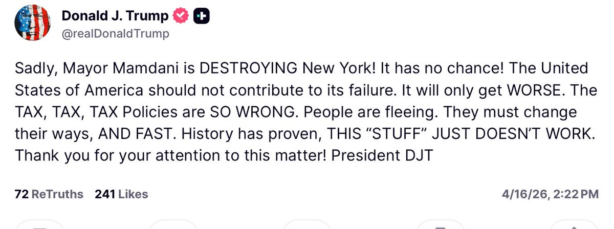 Acyn's tweet image. Trump: Sadly, Mayor Mamdani is DESTROYING New York! It has no chance! The US should not contribute to its failure. It will only get WORSE. The TAX, TAX, TAX Policies are SO WRONG. People are fleeing. They must change their ways, AND FAST. History has proven, THIS "STUFF" JUST