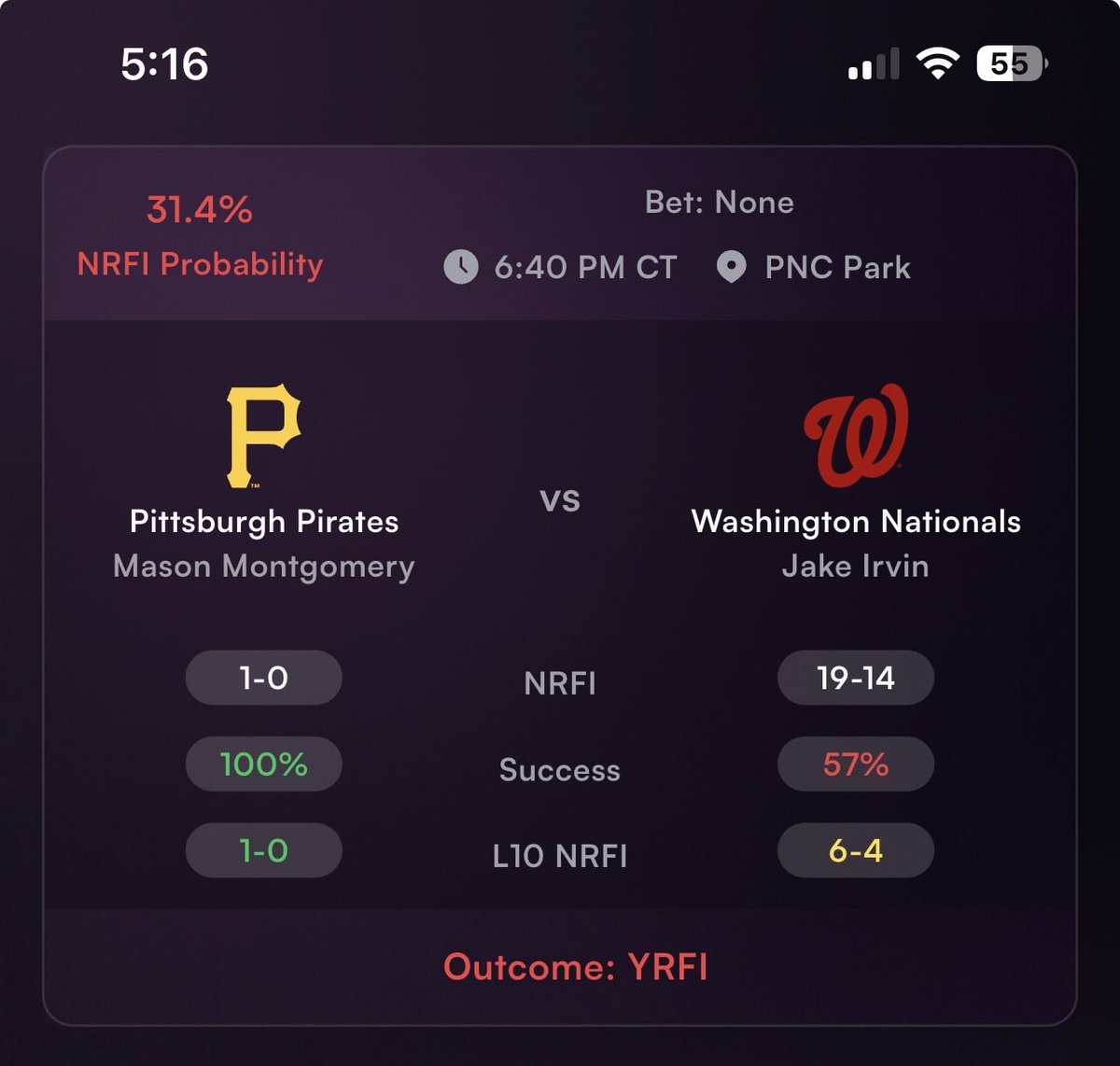 ChefShapgambles's tweet photo. @thekiranjain @NRFIalgorithm No he didn’t. This is what the app said.
“Bet: None” https://t.co/HzSAiyk6tP