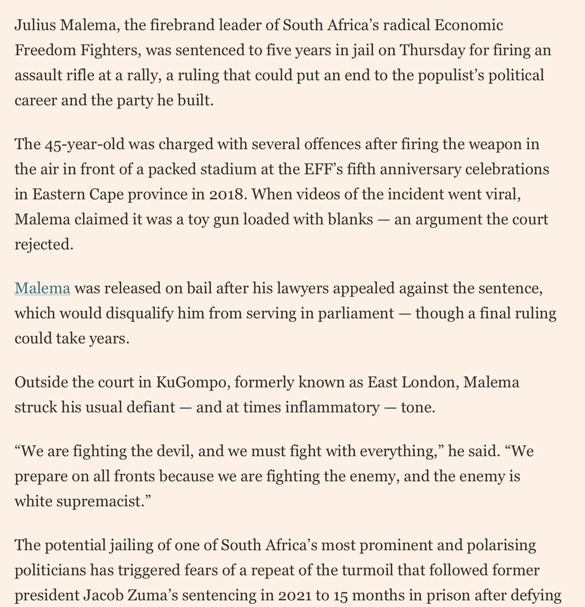 Remember Julius Malema, the "Kill the Boer" guy in South Africa?

Just sentenced to five years in prison for firing a gun at a rally, which would make him ineligible for parliament if upheld.