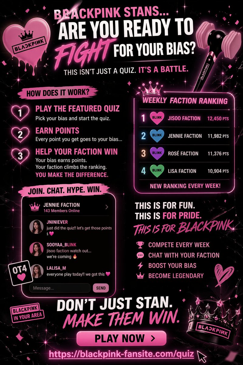 ReactiveTech's tweet image. Don’t just stan…
 MAKE YOUR BIAS WIN.
🏆 Weekly faction ranking
💬 Chat with your team
⚡ Compete with other fans

This is where real BLINKS show up.
👉 blackpink-fansite.com/quiz
#BLACKPINK #BLINK #KpopFans #FanWars #Jisoo #Jennie #Rosé #Lisa #KpopQuiz