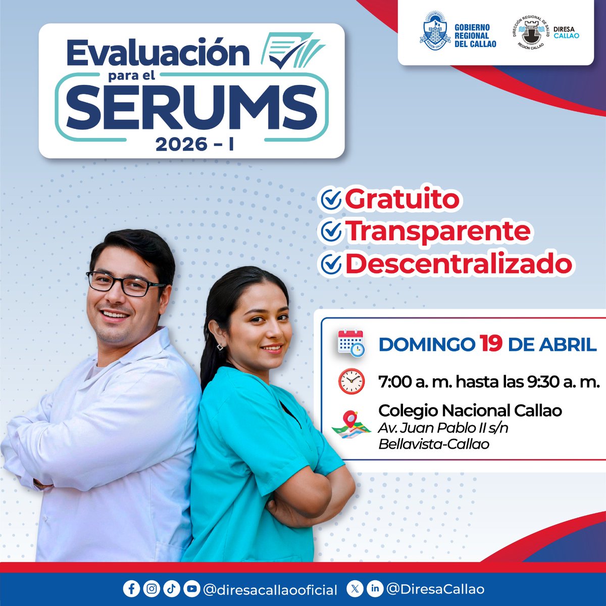 ¡𝐓𝐎𝐃𝐎 𝐋𝐈𝐒𝐓𝐎 𝐏𝐀𝐑𝐀 𝐋𝐀 𝐄𝐕𝐀𝐋𝐔𝐀𝐂𝐈𝐎́𝐍 𝐍𝐀𝐂𝐈𝐎𝐍𝐀𝐋 𝐃𝐄𝐋 𝐒𝐄𝐑𝐔𝐌𝐒!
 ¡Atención! La evaluación del SERUMS 2026-I, se realizará garantizando igualdad de oportunidades para todos los profesionales de la salud que participarán en este importante proceso.