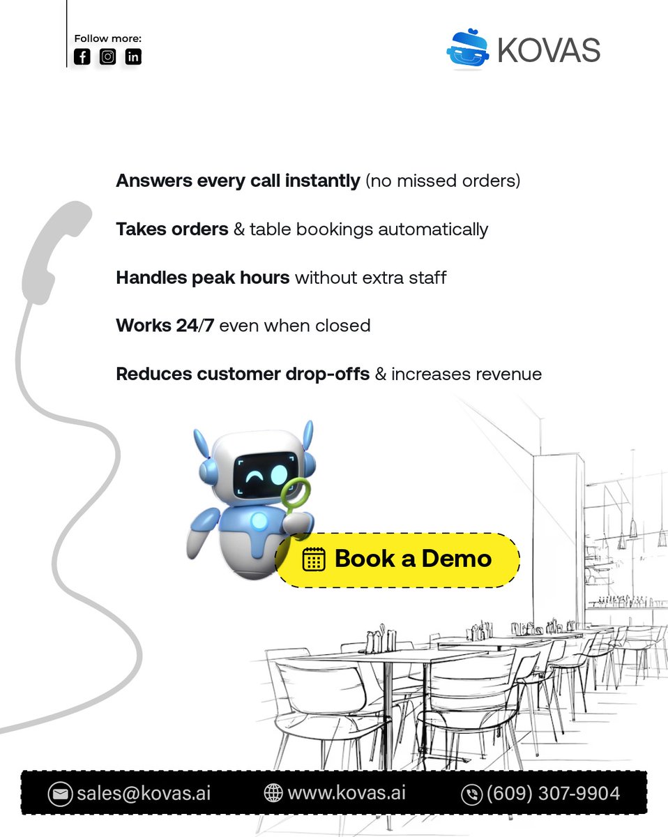 kovavoiceai's tweet image. Never miss a call. Never miss an order. 📞🍽️
.
KOVAS AI answers instantly, takes orders, and works 24/7—so you don’t have to. 🤖
.
Boost efficiency. Increase revenue.
.
👉 kovas.ai
.
#RestaurantTech #AI #FoodTech #Automation