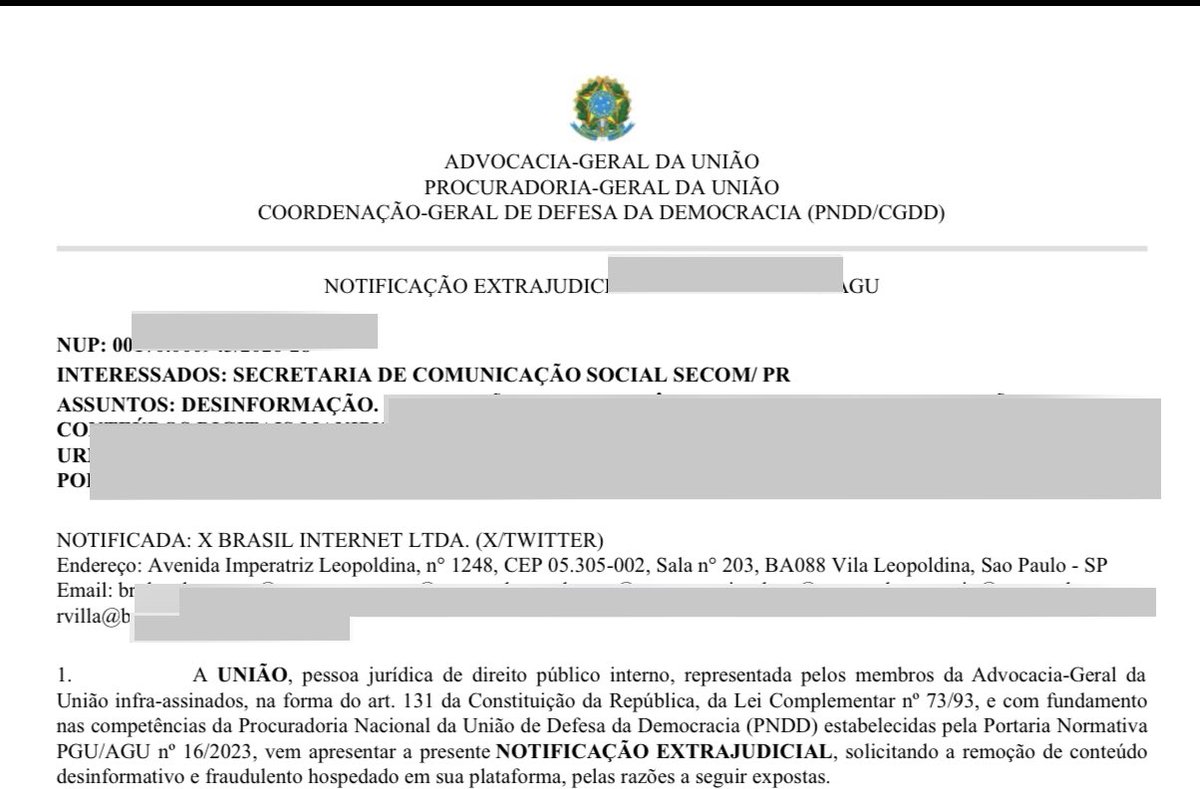 danaragao11's tweet photo. a AGU, além de processar a denúncia da Erika Hilton, está indo atrás de outros perfis. um cliente meu foi denunciado pela SECOM.
ele recebeu Notificação endereçada ao X, exigindo remoção de posts em 72h. vale destrinchar o que tem de errado nisso. (1/6) https://t.co/Q3xEAUfIFL