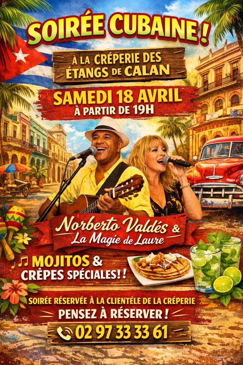 norbervaldesygt's tweet image. Bonjour 🌞
Venez voyager sous le soleil de Cuba le samedi 18 avril à partir de 19h
🍹 Mojitos rafraîchissants  
🥞 Crêpes spéciales
Réservations au
       02 97 33 33 61

#calan #bretagne #morbihan #pourtoi #concerts #bretagnetourisme #concerts #vannes #18avril #soireelatino #s