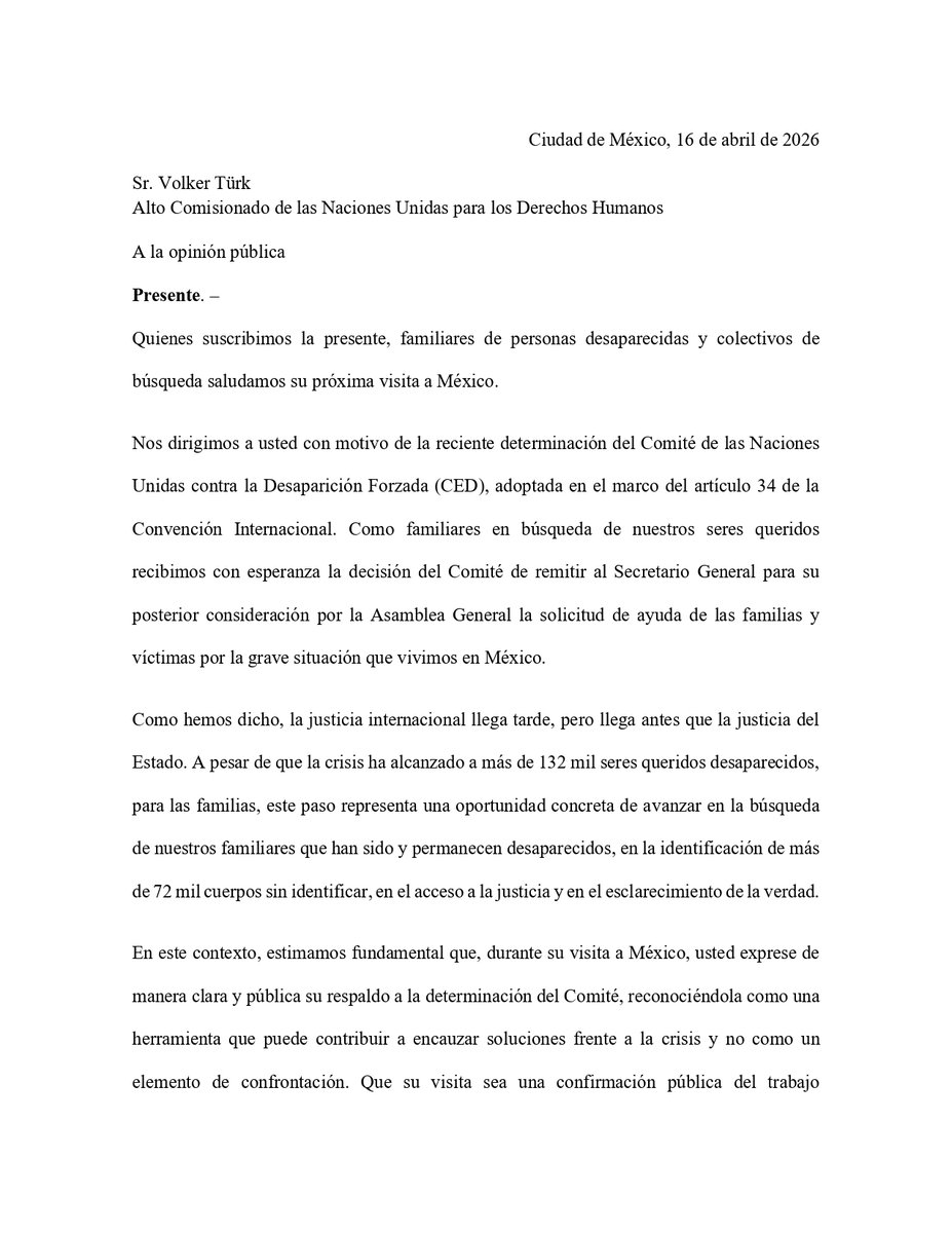 GlorietaMx's tweet photo. Compartimos el comunicado público dirigido a @volker_turk @UNHumanRights, no respaldar el trabajo del CED es respaldar el pacto de impunidad del Estado mexicano. La voz de las familias es indispensable para conocer la realidad que vivimos en México. https://t.co/MiGFyX8PWm