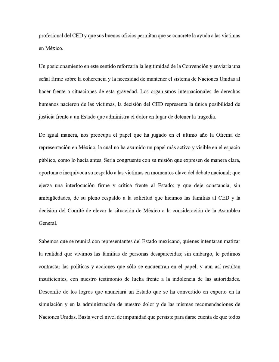 GlorietaMx's tweet photo. Compartimos el comunicado público dirigido a @volker_turk @UNHumanRights, no respaldar el trabajo del CED es respaldar el pacto de impunidad del Estado mexicano. La voz de las familias es indispensable para conocer la realidad que vivimos en México. https://t.co/MiGFyX8PWm