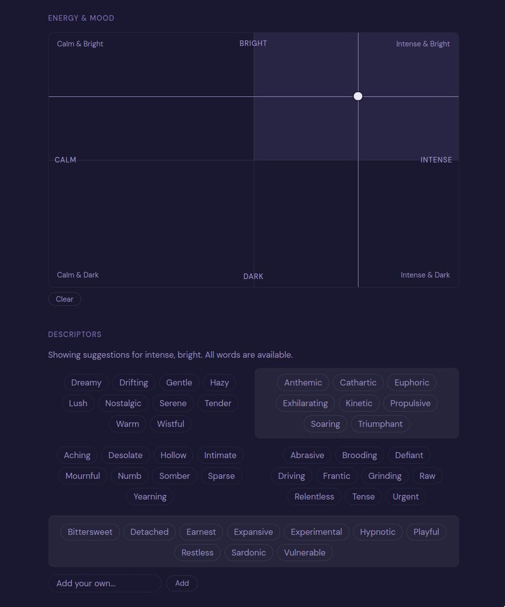 bmillerdev's tweet photo. My personal favorite part of Starling is the review grid. You choose where a track falls on an energy/mood axis, and then pick tags that you want to assign it! The tags are organized by quadrant, but you can pick whatever you'd like https://t.co/vJ6Oxb8BD2