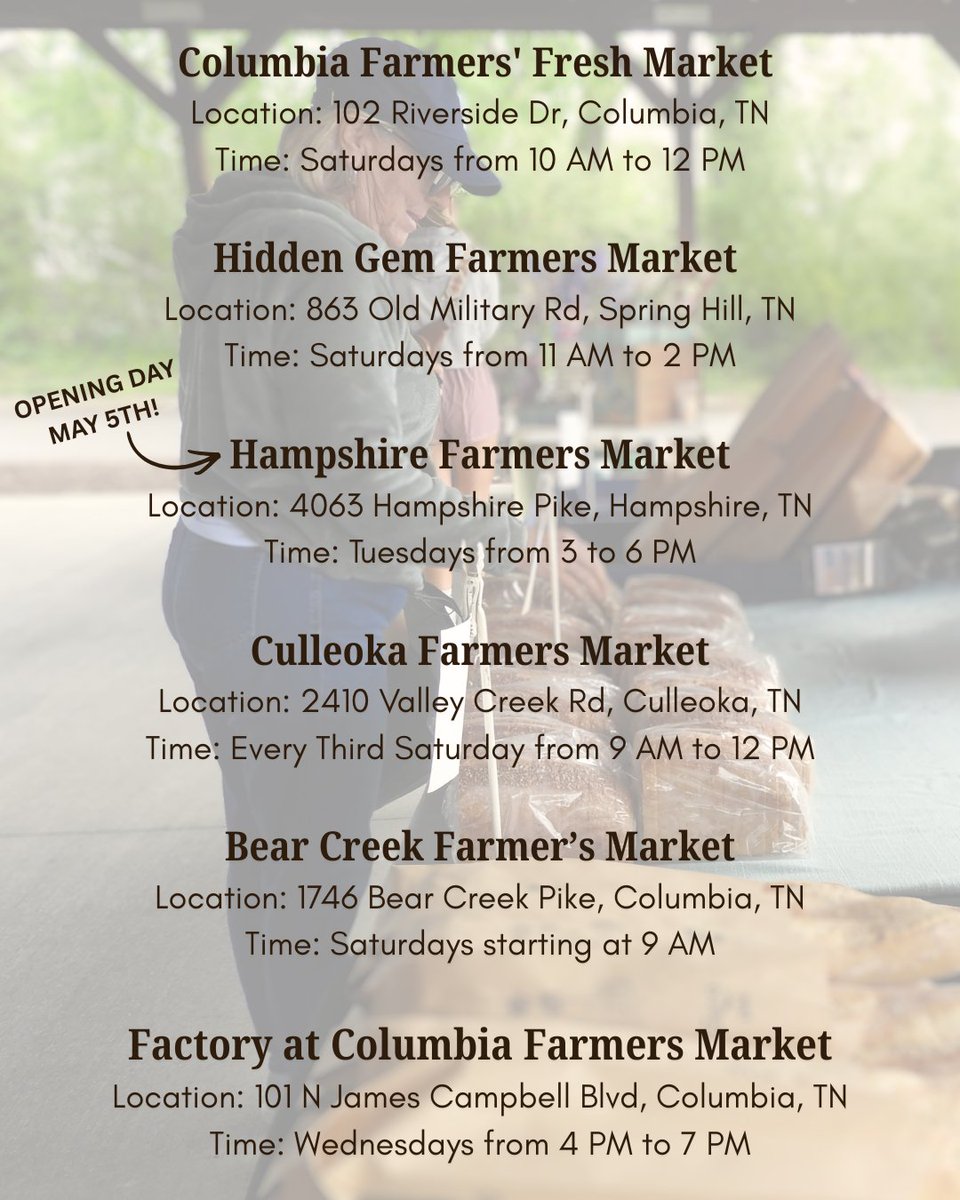 experiencemaury's tweet image. Maury County Farmers Markets are OPEN! 🌿🍓🥕

Come shop local for fresh fruits and veggies, homemade baked goods, plants, crafts, and more. Nothing beats fresh-from-the-farm goodies! 🛍️✨

Swipe for dates, times, and locations!

#ExperienceMaury #ShopLocal #FarmersMarket