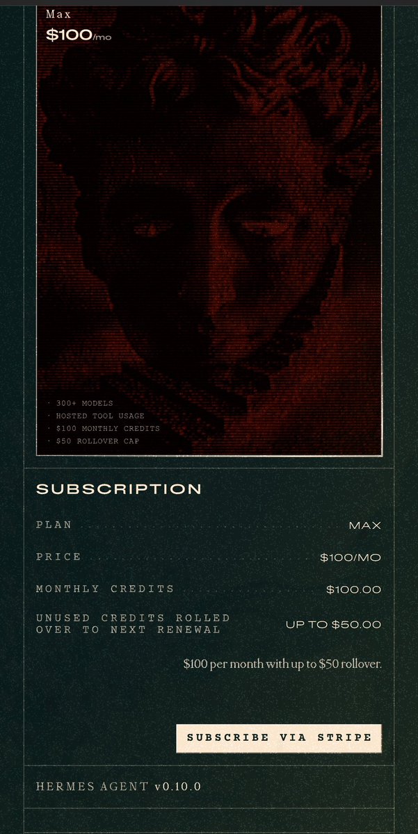 VinceZcrikl's tweet image. 这是Hermes也下场玩中转站了吗？还集成到了自家产品

不一样的是，一次订阅能除了300+模型还有第三方付费tool，各家抓网页、生图、语音月费从10到100刀

@Teknium @NousResearch this is definitely a good business idea 👍

#hermes #中转站
