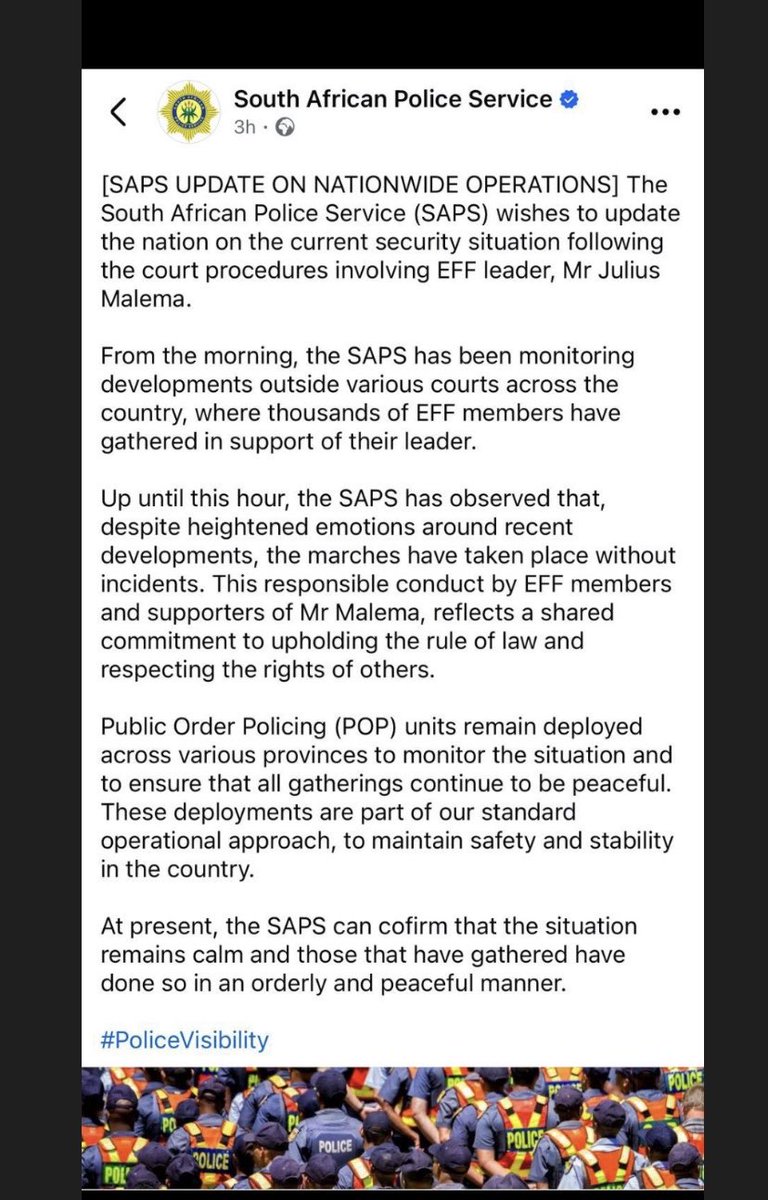 The EFF is the only organised political party that consistently conducts peaceful protests.

SAPS has today confirmed… #VoteEFF