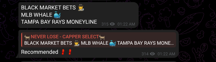 NeverLoseSystem's tweet image. 🔥 NEVER LOSE - CAPPER SELECT 🔥
1-0 today! 💰
We do not force plays👨‍⚖️
Only recommended 1 play today..Rays✅
..and of course it won✅
Black Market Bets Exclusive Whale Record 112-52 🐳
That's AN AMAZING 68% WIN RATE at -113 ODDS.. That's more profitable than GLITCH w -180 odds👨‍⚖️