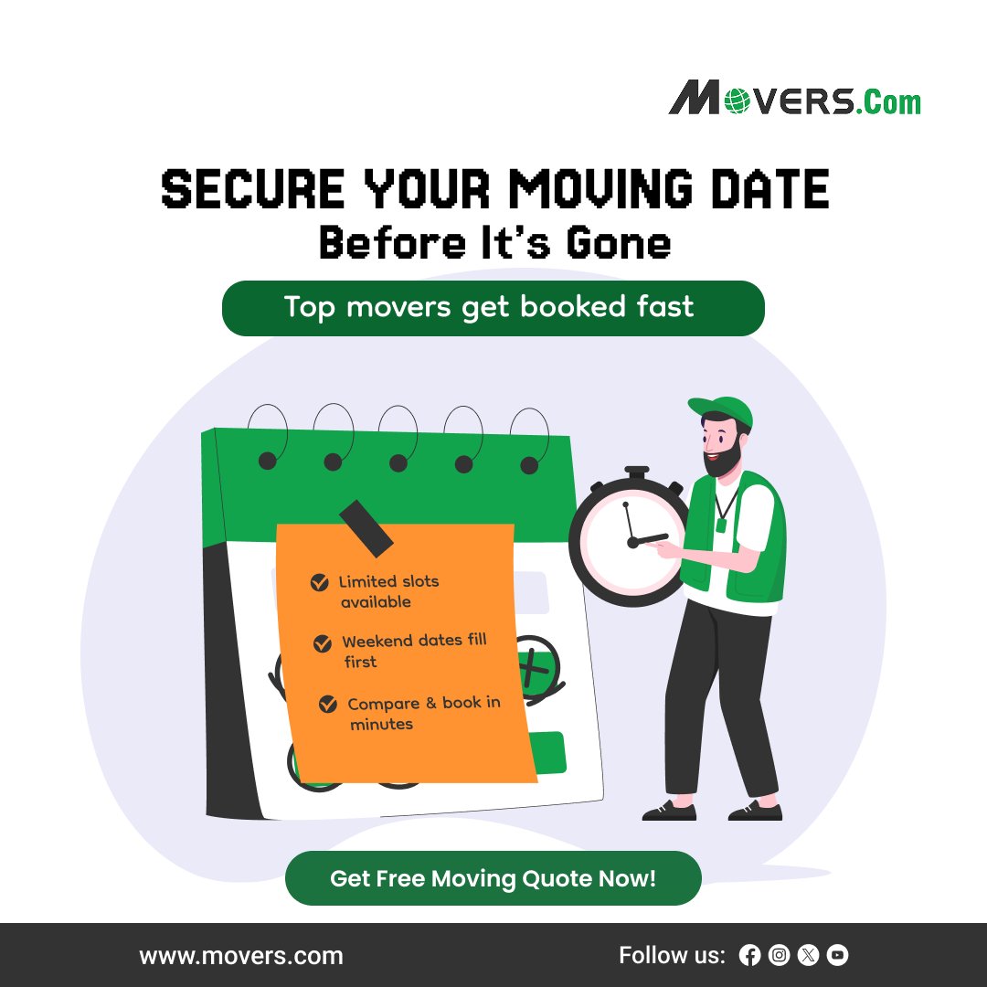 MoversCom's tweet image. ⏳ Your ideal moving date won’t wait…

Top movers get booked FAST—especially weekends and peak days.

👉 Get your free moving quote today!

#MoversCom #MovingDay #BookEarly #MovingTips #StressFreeMove #MovingMadeEasy #CompareMovers #MovingHelp #RelocationLife