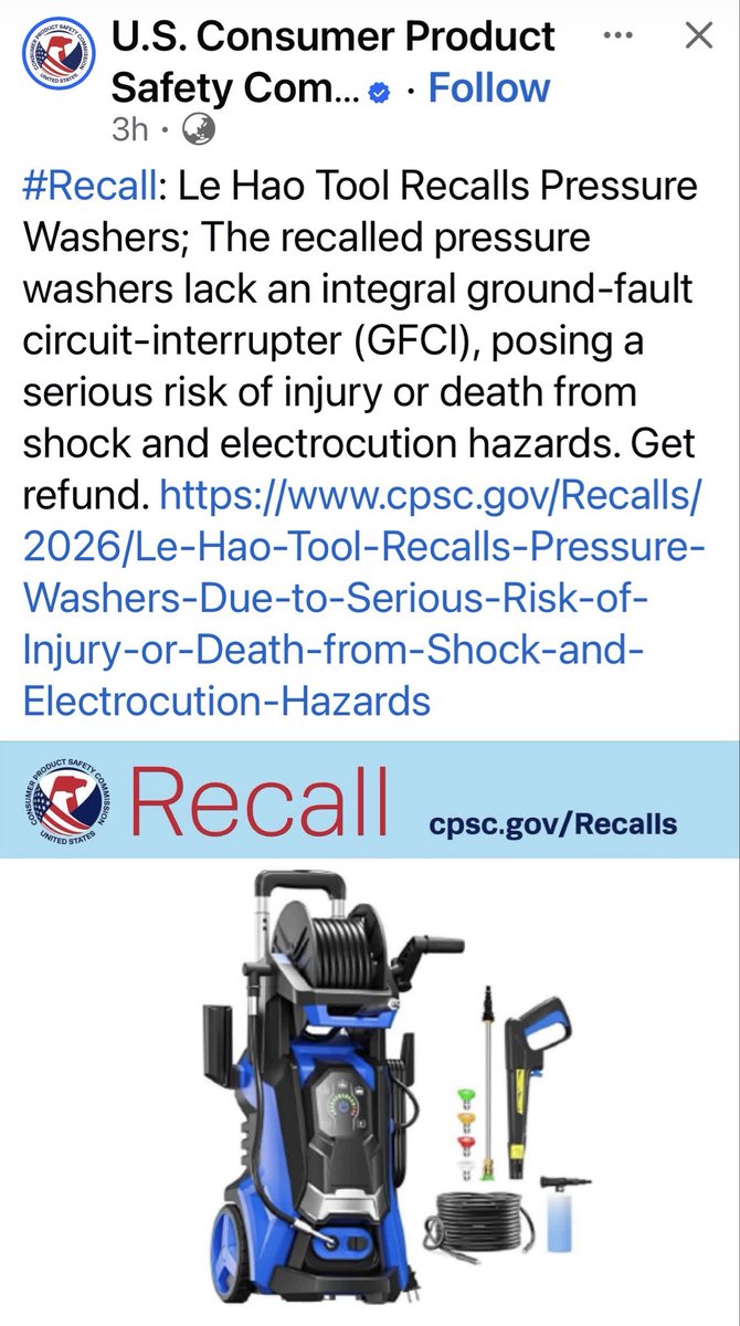 powerwashergear's tweet photo. Recall!  of Thousands of electric pressure washers without GFCI from @Sell_on_Amazon Was totally preventable safety issue by @amazon Good work by @USCPSC. FYI @AmazonASGTG @Walmart  @Lowes @HomeDepot https://t.co/HXhm6dr2ks
