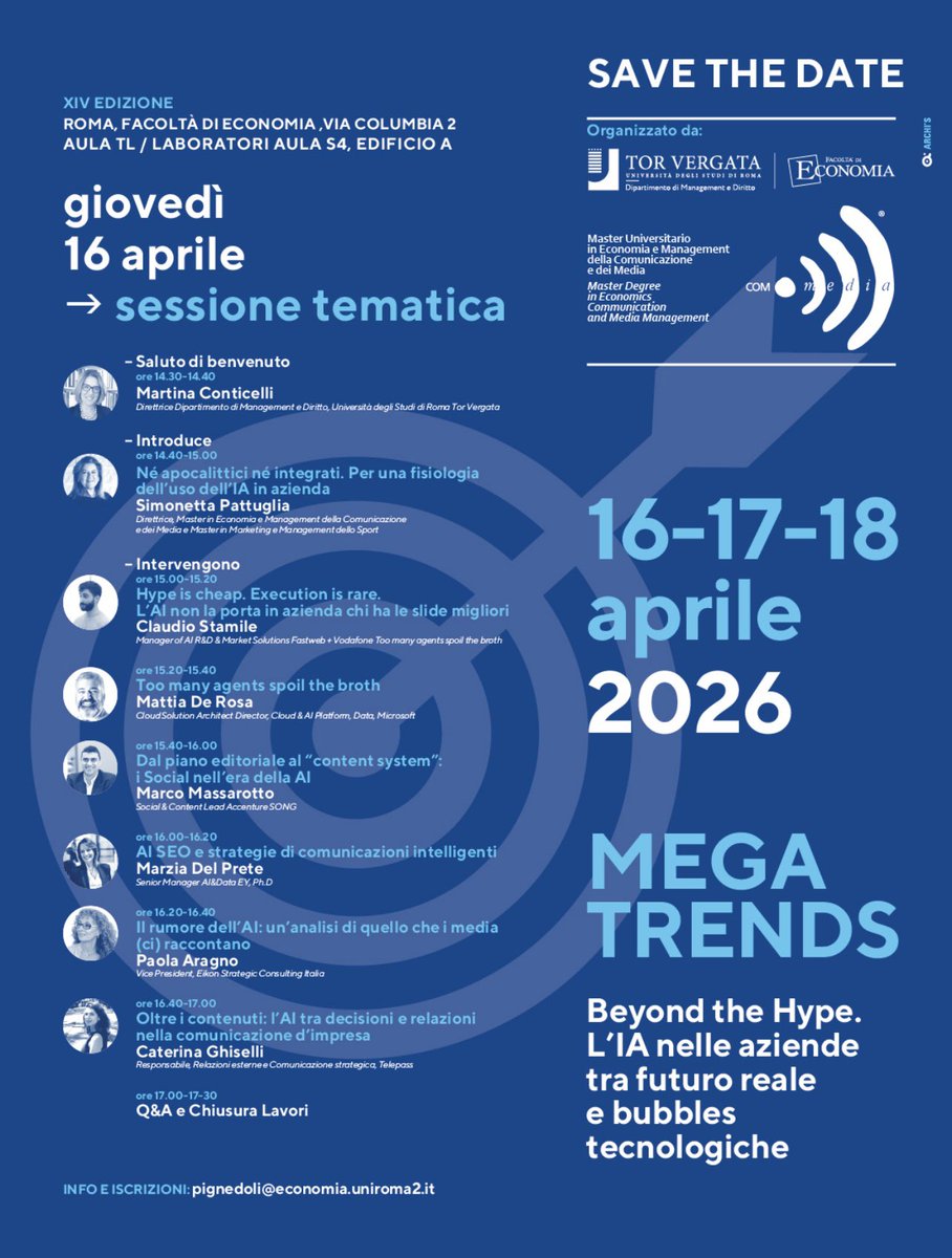 Comunica_Media's tweet photo. 🚀 𝐌𝐄𝐆𝐀𝐓𝐑𝐄𝐍𝐃𝐒 𝟐𝟎𝟐𝟔 — 𝐁𝐞𝐲𝐨𝐧𝐝 𝐭𝐡𝐞 𝐇𝐲𝐩𝐞
Non è solo una giornata dedicata all’AI. È un cambio di prospettiva. 
🎓 Un appuntamento promosso dal
𝐌𝐚𝐬𝐭𝐞𝐫 𝐢𝐧 𝐄𝐜𝐨𝐧𝐨𝐦𝐢𝐚 𝐞 𝐌𝐚𝐧𝐚𝐠𝐞𝐦𝐞𝐧𝐭 𝐝𝐞𝐥𝐥𝐚 𝐂𝐨𝐦𝐮𝐧𝐢𝐜𝐚𝐳𝐢𝐨𝐧𝐞 𝐞 𝐝𝐞𝐢 𝐌𝐞𝐝𝐢𝐚
e dal 𝐌𝐚𝐬𝐭𝐞𝐫 𝐢𝐧 𝐌𝐚𝐫𝐤𝐞𝐭𝐢𝐧𝐠 𝐞  𝐌𝐚𝐧𝐚𝐠𝐞𝐦𝐞𝐧𝐭 𝐝𝐞𝐥𝐥𝐨 𝐒𝐩𝐨𝐫𝐭  dell’Università di Roma Tor Vergata 
⚖️ L'AI non è hype, non è paura. La risposta non è negli estremi:
👉è infrastruttura da governare
👉integrazione reale nei processi
👉non perdere ciò che conta: il brand e la sua identità
‼️Il punto chiave si sposta: 
👤 La 𝐏𝐫𝐨𝐟.𝐬𝐬𝐚 @SPattuglia - Direttrice dei Master,  afferma 💬” La brand voice è la capability meno replicabile. L’urgenza esiste, l’autenticità richiede tempo: costruire con metodo protegge il brand nel lungo periodo.” 
🔥 𝐃𝐚𝐥𝐥’𝐡𝐲𝐩𝐞 𝐚𝐥𝐥𝐚 𝐫𝐞𝐚𝐥𝐭𝐚̀: 𝐪𝐮𝐢 𝐬𝐢 𝐠𝐢𝐨𝐜𝐚 𝐭𝐮𝐭𝐭𝐨.

#MEGATRENDS2026 #WMC2026 #AI #Comunicazione #Marketing
