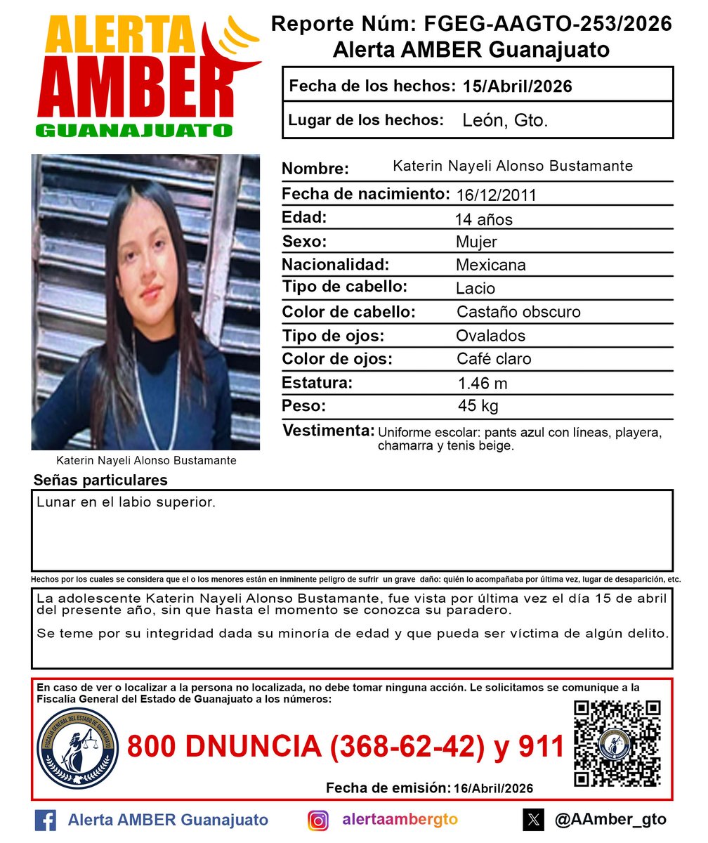 🚨 #SeBusca | Alerta Amber Guanajuato activó una ficha de búsqueda por la adolescente Karetin Nayeli Alonso Bustamante de 14 años de edad, desaparecida en León ayer miércoles 15 de abril.
elaguijonpolitico.com/se-busca-a-la-…