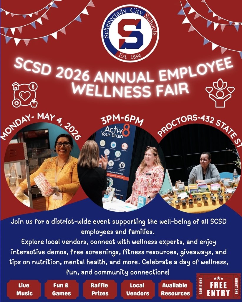 WIECSCSD's tweet photo. SCSD Faculty and Staff
Join us for the 2026 Employee Wellness Fair
Monday, May 4
3 - 6 p.m.
Proctors, 432 State St. https://t.co/l24cEFqFHz