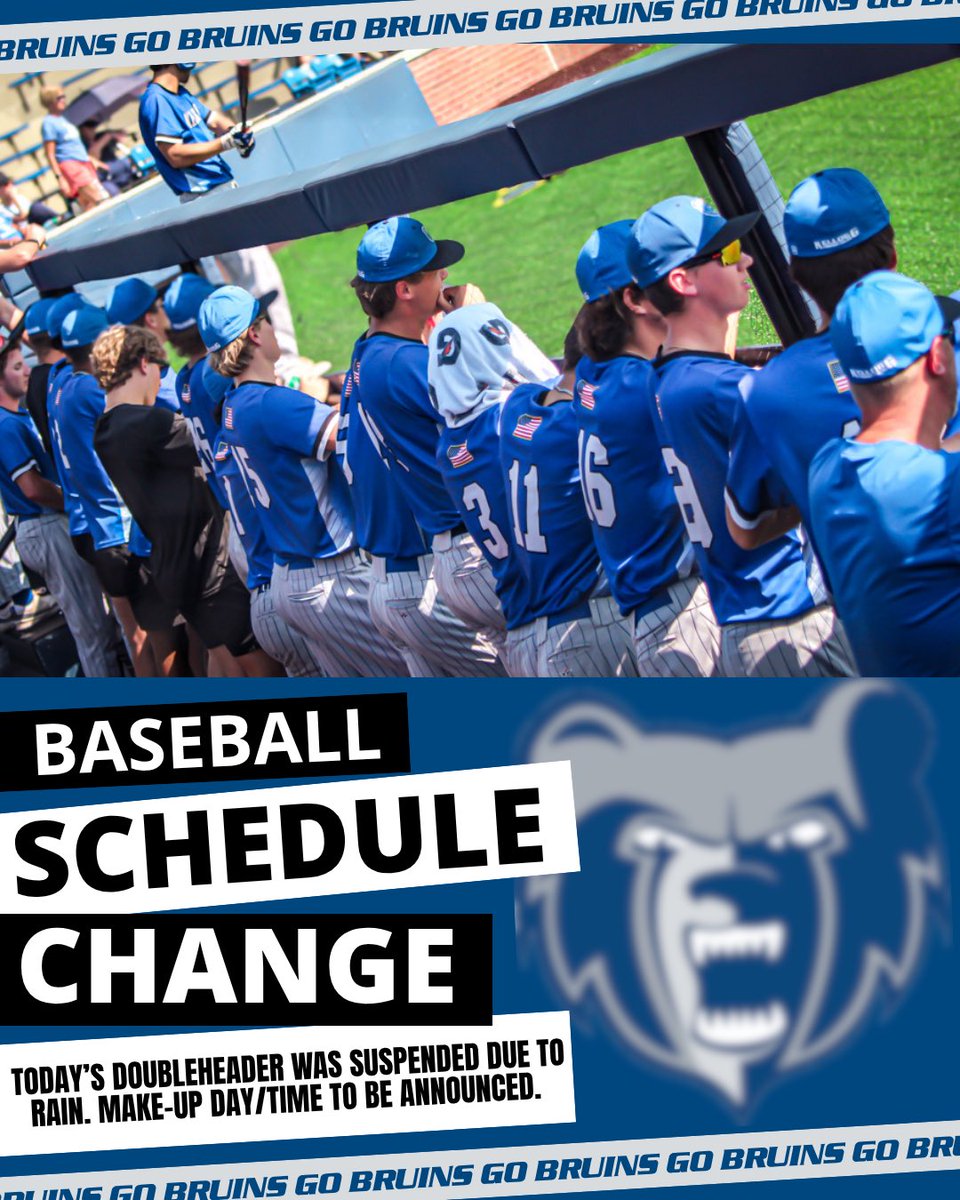 KelloggBruins's tweet image. 🚨⚾️ Baseball Schedule Update
 
@BaseballKellogg's double header today has been suspended due to rain. Make-up day and time to be announced. 

Up next, a doubleheader Friday 4/17 - at KVCC with 2:00PM start. 
 
Go Bruins! #BruCru #KCCBaseball