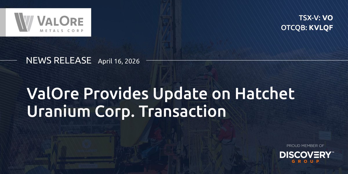 ValOreMetals's tweet photo. NEWS: ValOre Provides Update on Hatchet Uranium Corp. Transaction

Full release: https://t.co/bhYjH7c7WU

$VO.v $KVLQF https://t.co/I0ZPN0fIJk