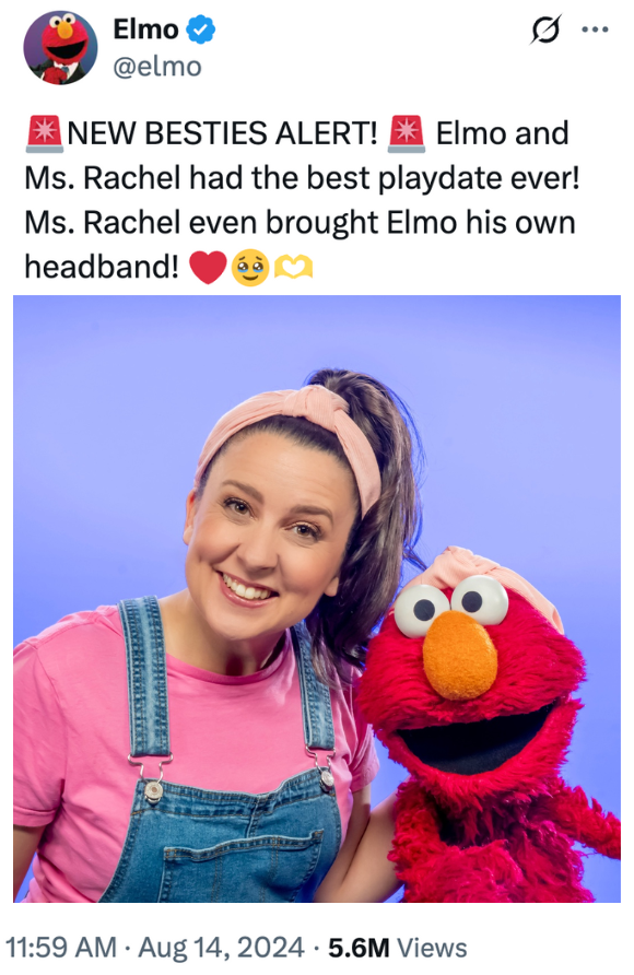 DahliaKurtz's tweet image. Sesame Street now has Ms. Rachel's bestie — Elmo — teaching kids Arabic.

Maybe Ms. Rachel can get Motaz Azaiza — the known terrorist sympathizer she had on her show — to join Elmo for his next "teaching" session.