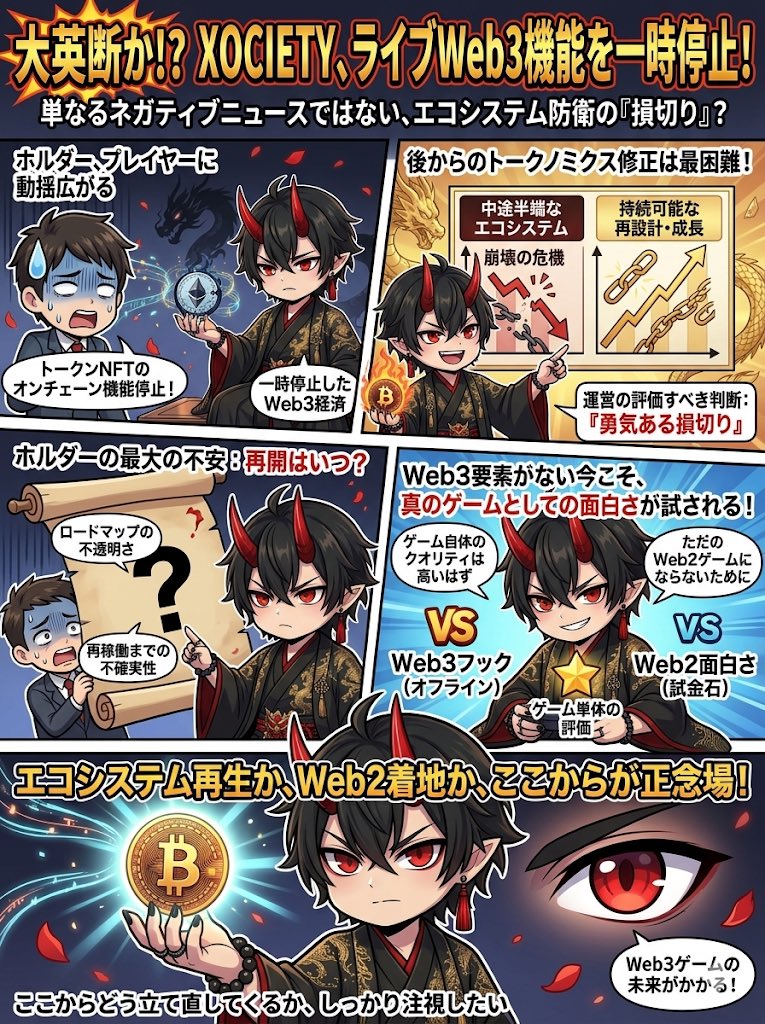 mapupresident's tweet image. #XOCIETY #BCG

一見するとネガティブなニュースに見えるけど、これは長期的にエコシステムを守るための英断かもしれないね。

XOCIETYがライブサービス中のWeb3要素を一時停止するって発表したみたい。