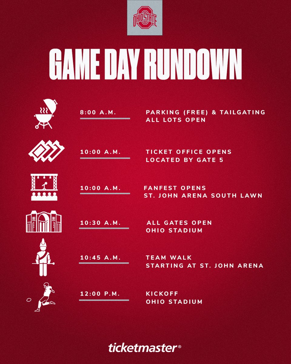 OhioStAthletics's tweet image. 🏈☀️ @OhioStateFB Spring Game Day Rundown

🗓️ Saturday April 18th
🎟️ go.osu.edu/springgametix26

#GoBucks | @Ticketmaster