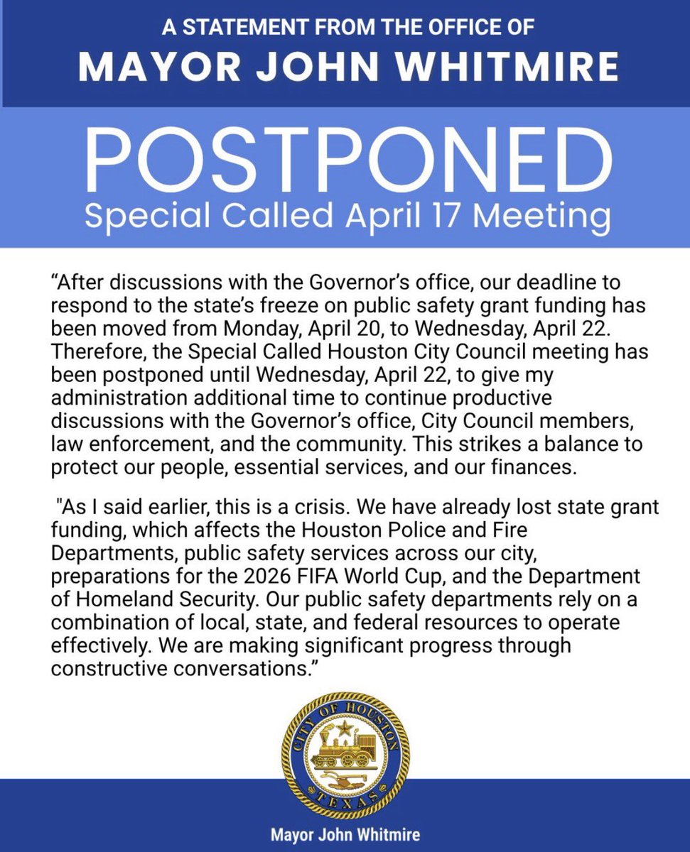 TeamBettencourt's tweet image. BREAKING: Mayor @whitmire_john has canceled Friday’s special Houston City Council meeting on the SB 4-related city policy governing how @HPOUTX officers handle #ICE warrants during traffic stops, etc...  obviously hard to reverse a 12 to 5 vote completely on a reconsideration