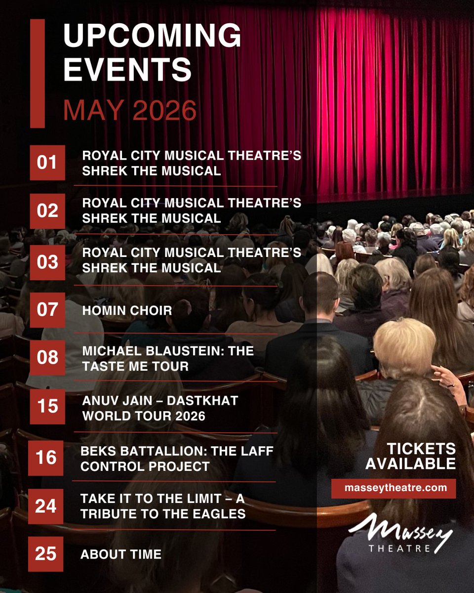 EighthandEight's tweet photo. This May, @Masseytheatre has a packed schedule, from Royal City Musical Theatre’s Shrek The Musical, international musicians, stand-up comedy, dance celebration, music tribute and more. Take a look and plan your next night out! https://t.co/JShLPb2Qtw

#newwest #upcomingevents https://t.co/Z0lg0uFMeP