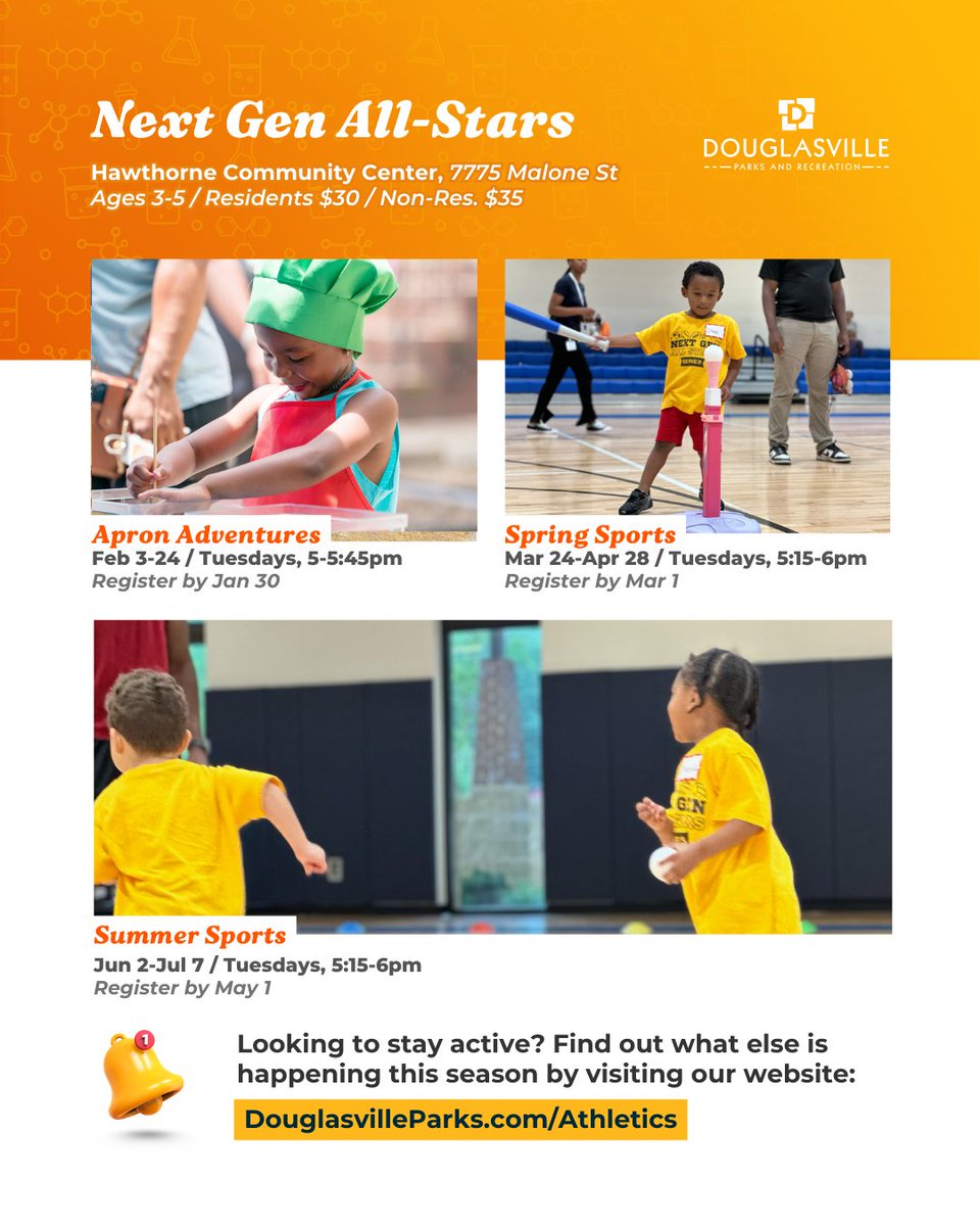 DvilleImpact's tweet image. 🌟 Next Gen All-Stars is open!

Programs for ages 3–5 at Hawthorne Community Center:
🧑‍🍳 Feb 3–24
⚾ Mar 24–Apr 28
☀️ Jun 2–Jul 7

📍 7775 Malone St, Douglasville, GA
🔗 Register: bit.ly/4pJmNin

#DouglasvilleGA #ActiveKids #YouthPrograms #ParksAndRec